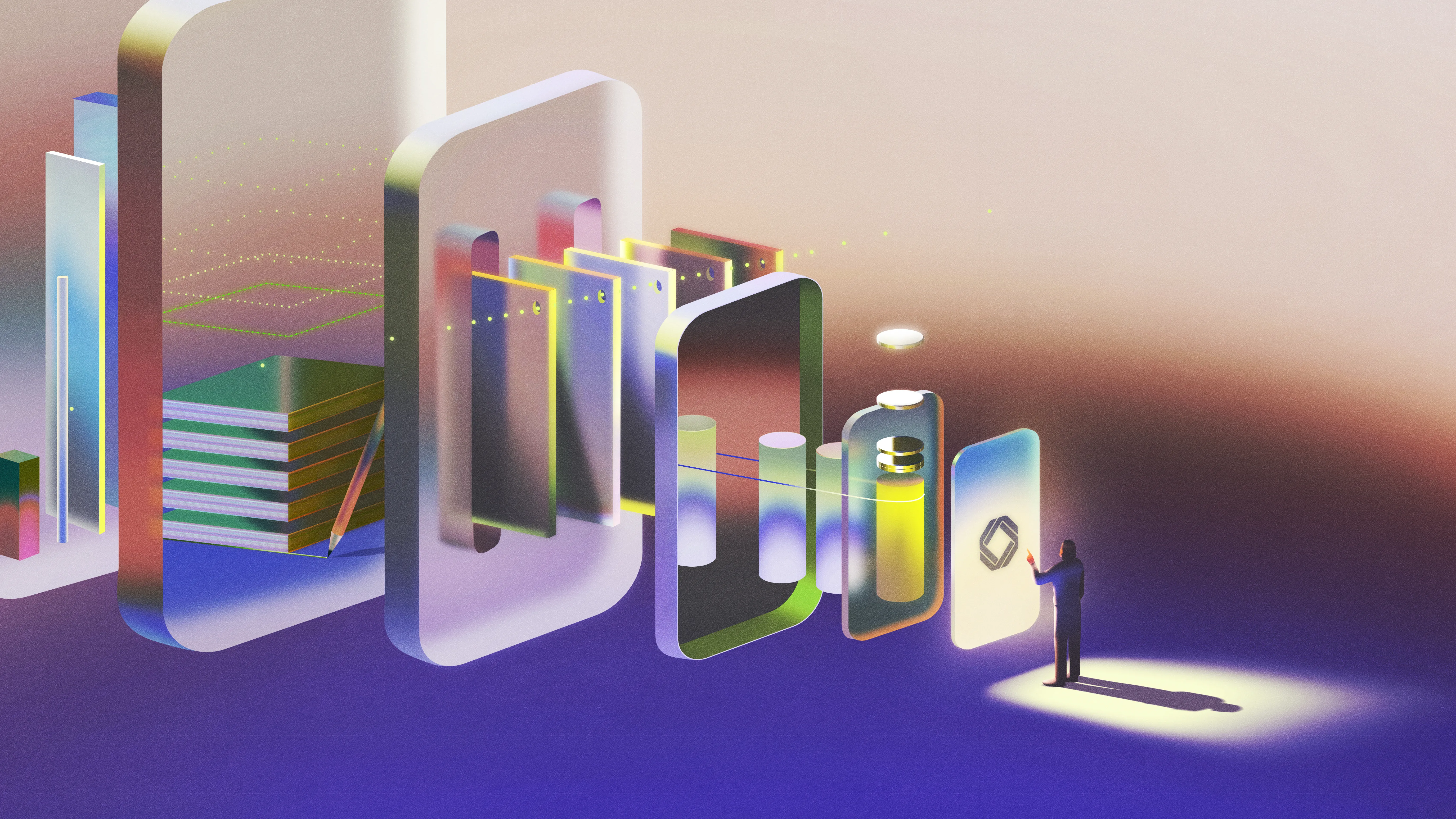 Futuristic abstract design with layered panels, floating shapes, and a figure interacting with a glowing interface